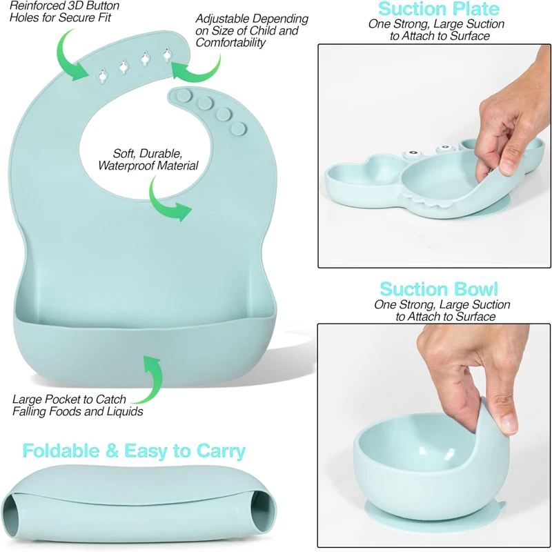 Wholesale Kids Silicone Feeding Set 6-Piece Food Grade Baby Tableware Set with Cartoon Style Forks Spoons Plates Suction Lid