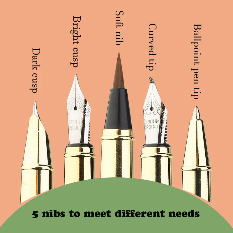 RTS Calligraphy Pen 5 Kinds of Nib Multi-color Metal Body Multi-purpose Business Gift Student Training Class Fountain Pen