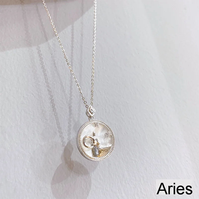 Fashion jewelry necklace 12 zodiac signs white shell pendant collarbone chain jewelry trendy coin zodiac sign hits