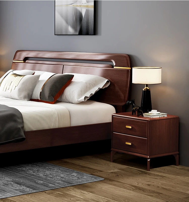 Solid wood bed modern light luxury solid wood kingdom size red sandalwood golden wedding bed bedroom furniture