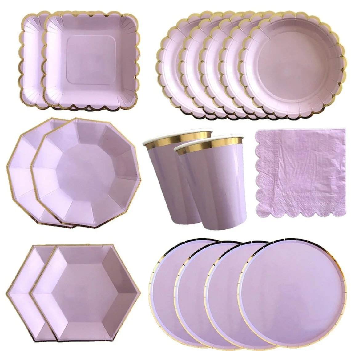 Bronzing Decagonal Party Purple Paper Plates Cups Napkins Disposable Tableware Set For Birthday Baby Shower Party Decoration