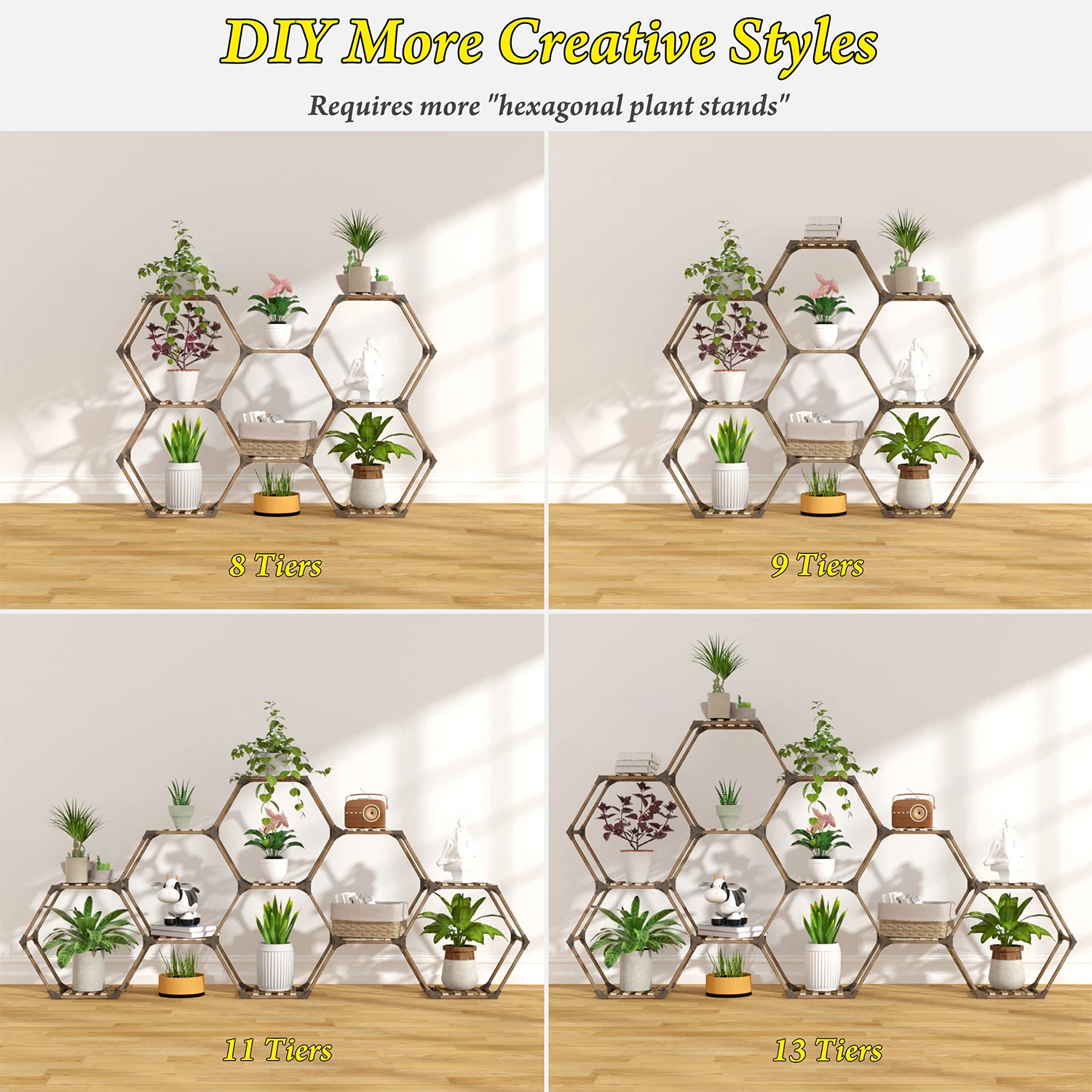 Indoor Outdoor Plant Shelf Large 7 Tiers Wooden Potted Holder Hexagonal Plant Stand For DIY Flower Stand