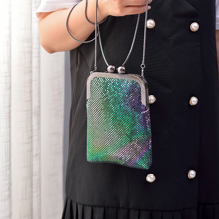 Fashion Aluminum Metal Mesh Clutch Purses Small Shoulder Strap Crystal Evening Bag Glitter Clutch Bag Evening Bags For Woman