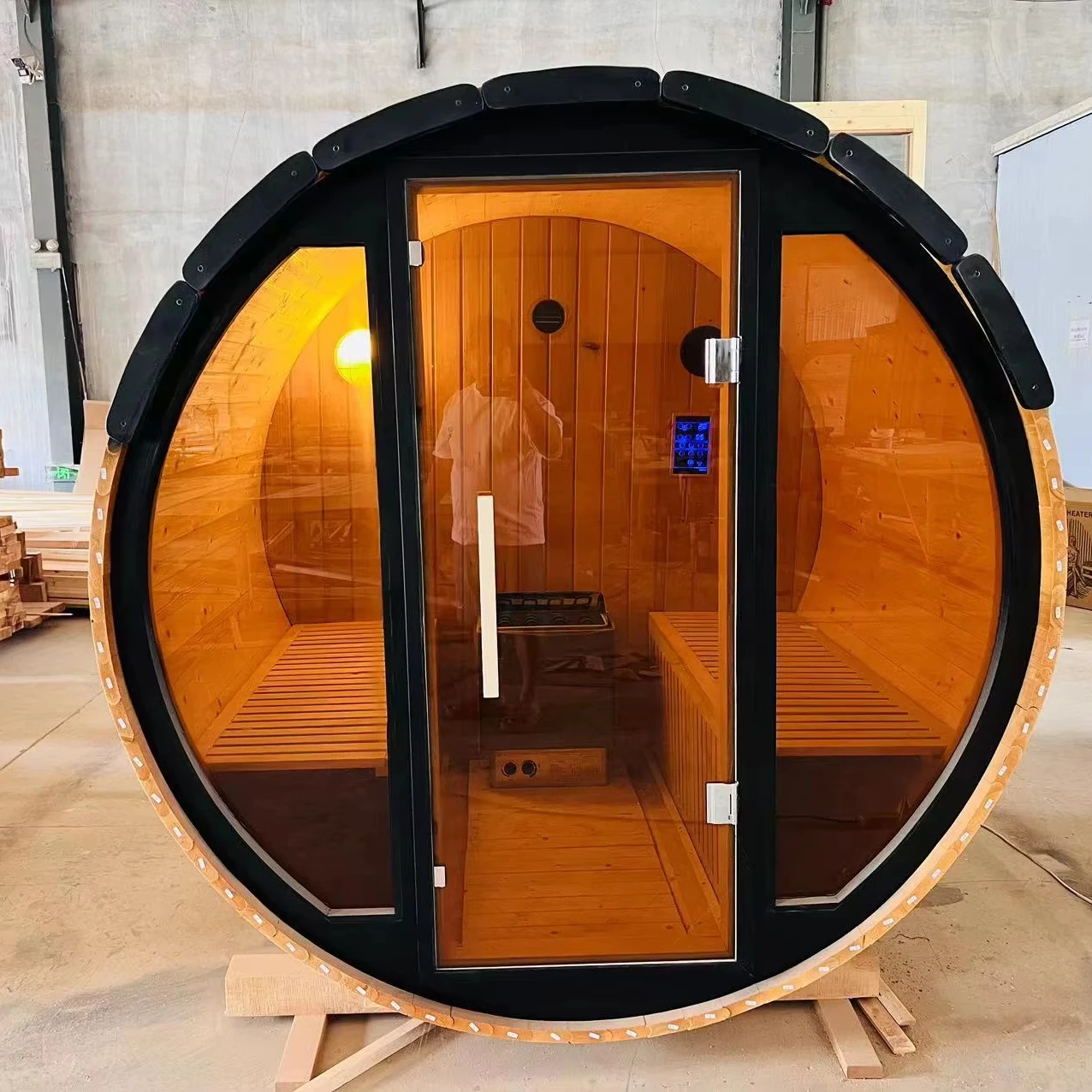 Exclusive Outdoor Barrel Sauna for Large Groups 6-Person, Cedar Wood, Electric Furnace & Glass Door