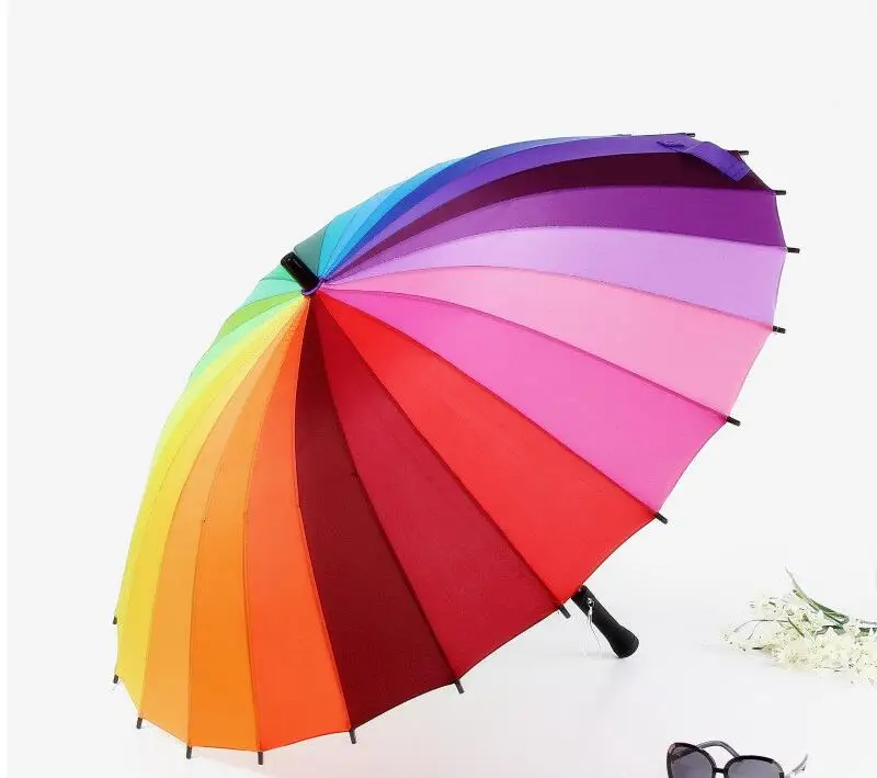 Anti-UV Sun/Rain Stick Top Quality 24k Rib Color Rainbow Fashion Long Handle Straight  Umbrella Manual Big Parasol