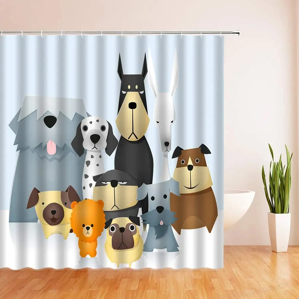 Cats and Dogs Shower Curtain Raining Cartoon Corgi Cute Animal Hilarious Pet Playing Water Polyester Waterproof Bathroom Curtain