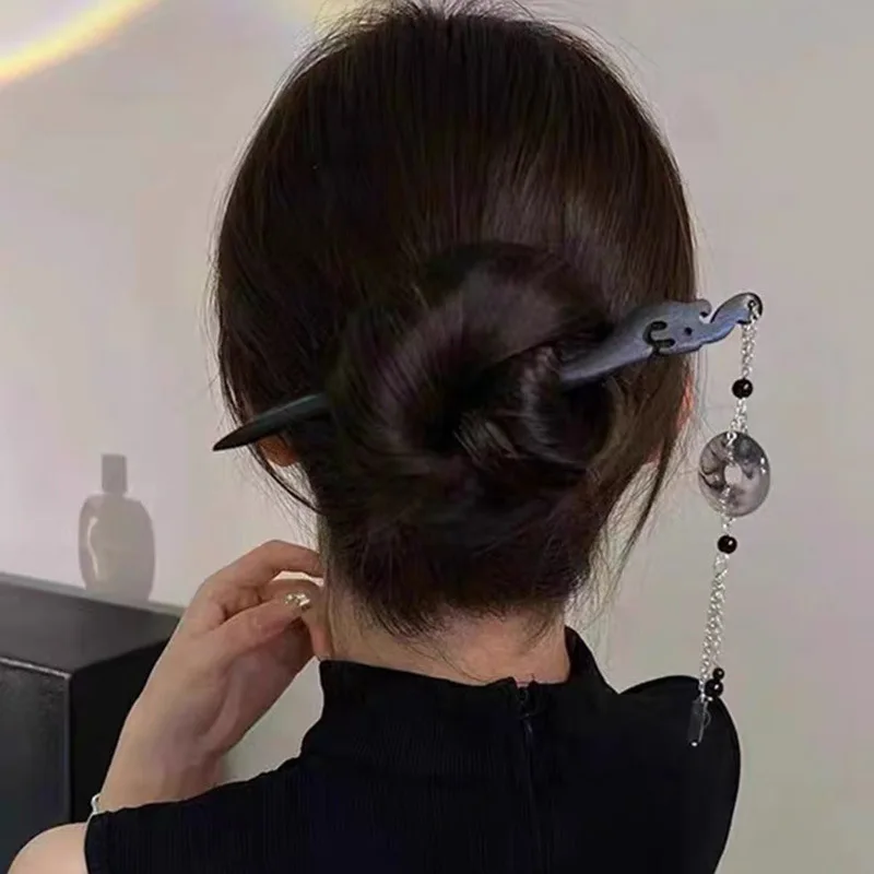 GEERDENG Traditional Chinese Style Jade Ring Pendant Wooden Tassel Hairpin Retro Hair Forks Hanfu Coiling Hairpin