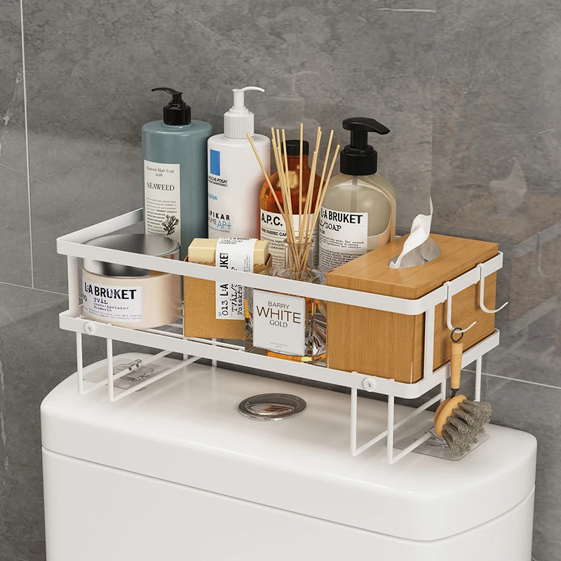 Hanging /Standing Over The Toilet Organizer Shelf 2 Layer Carbon Steel Corner Shelf Countertop With Hooks Bathroom Organizers
