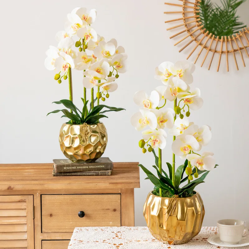 Home Decor Phalaenopsis Artificial Flower Orchid Fake Flower Plant in Gold Pot