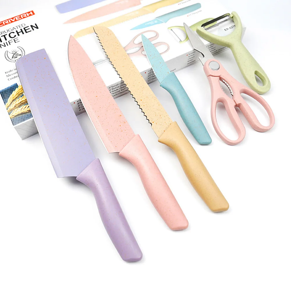 High Quality Professional 6pcs Stainless Steel  Blade Colorful Kitchen Knife Set Tools Cutting Vegetable Fruit  with gift box