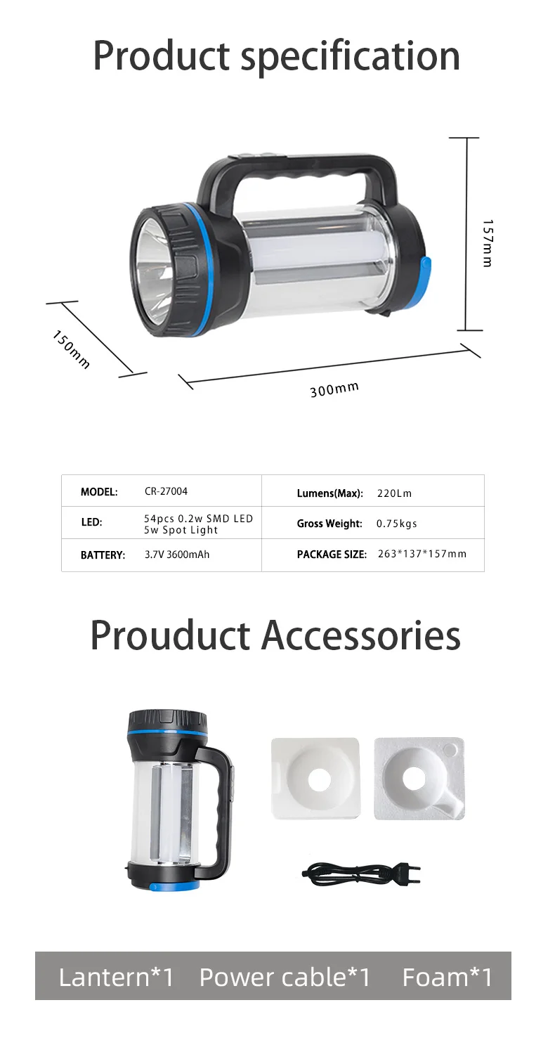 Changrong Camping light lantern LED tent light large torch with side lights hook and handle