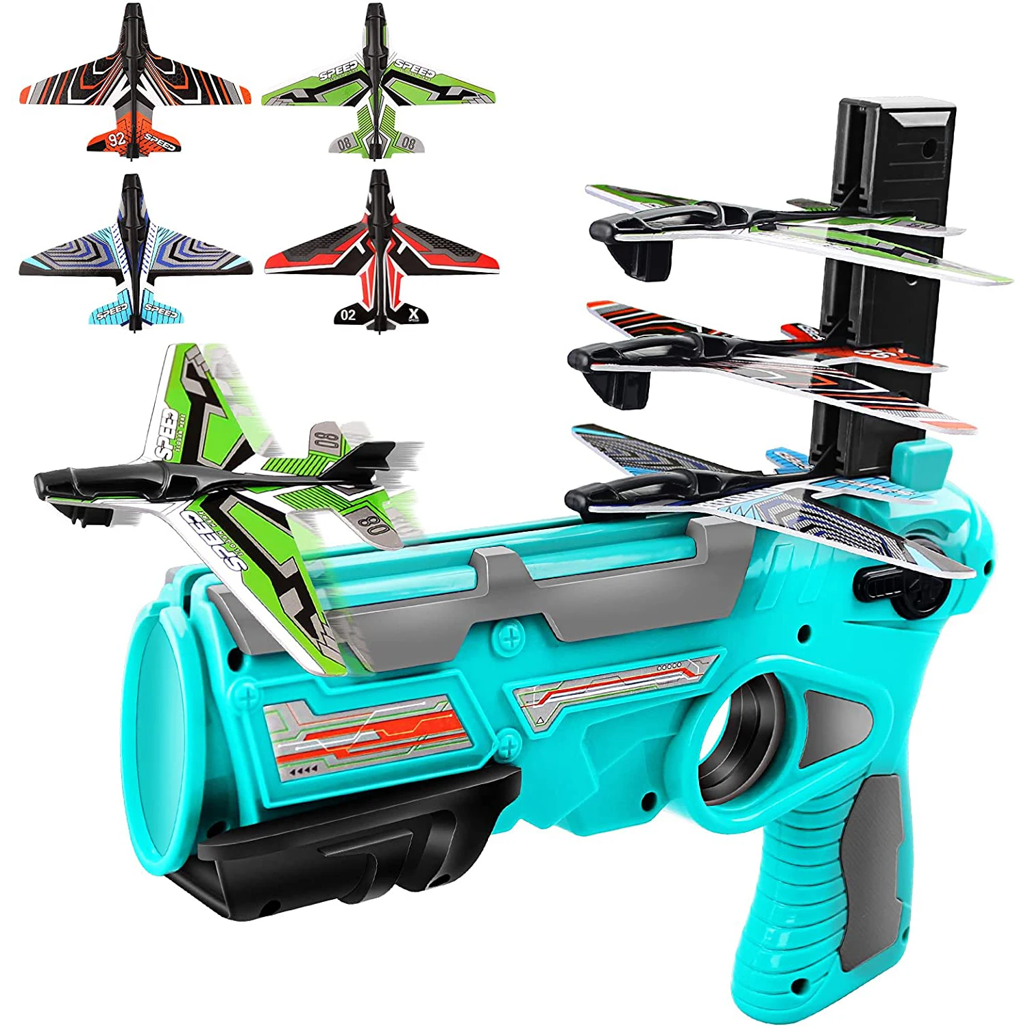 Newest Spring Outdoor Toys Airplane Launcher Gun Toy One Click Ejection Airplane Shooting Game Toys with 3 Gliders