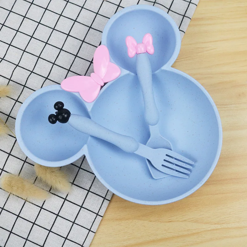 Good Quality Wheat Straw Dinner Set Baby Tableware Set With Suction Food Plate Set Cartoon Eco-Friendly Baby Spoon Fork Bowl