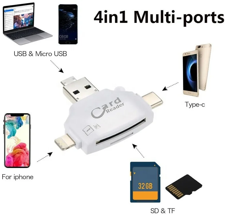 SD Card Reader, 4 in 1 Memory Card Adapter, SD/TF Card Adapter to View Game Camera Photos Videos for iOS/Android Phone Tab