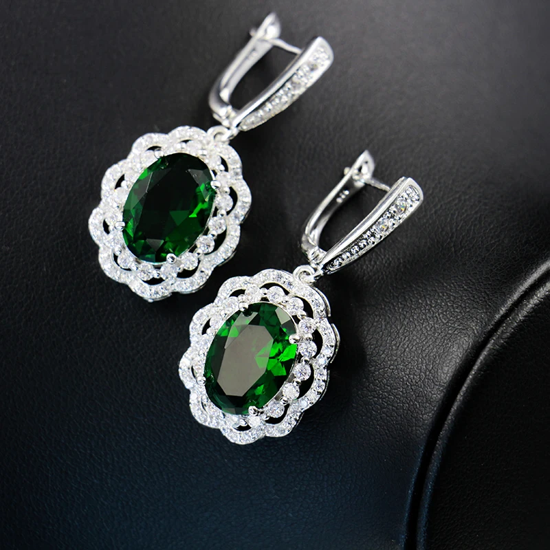 New Fashion Green Gem Jwelery Women Silver Ring Necklace Earring Four Piece Bridal Wedding Jewelry Sets