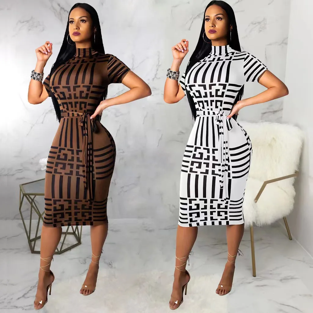 Z93069 Summer 2022 dresses Print With Belt Turtleneck Short Sleeve womens business dress