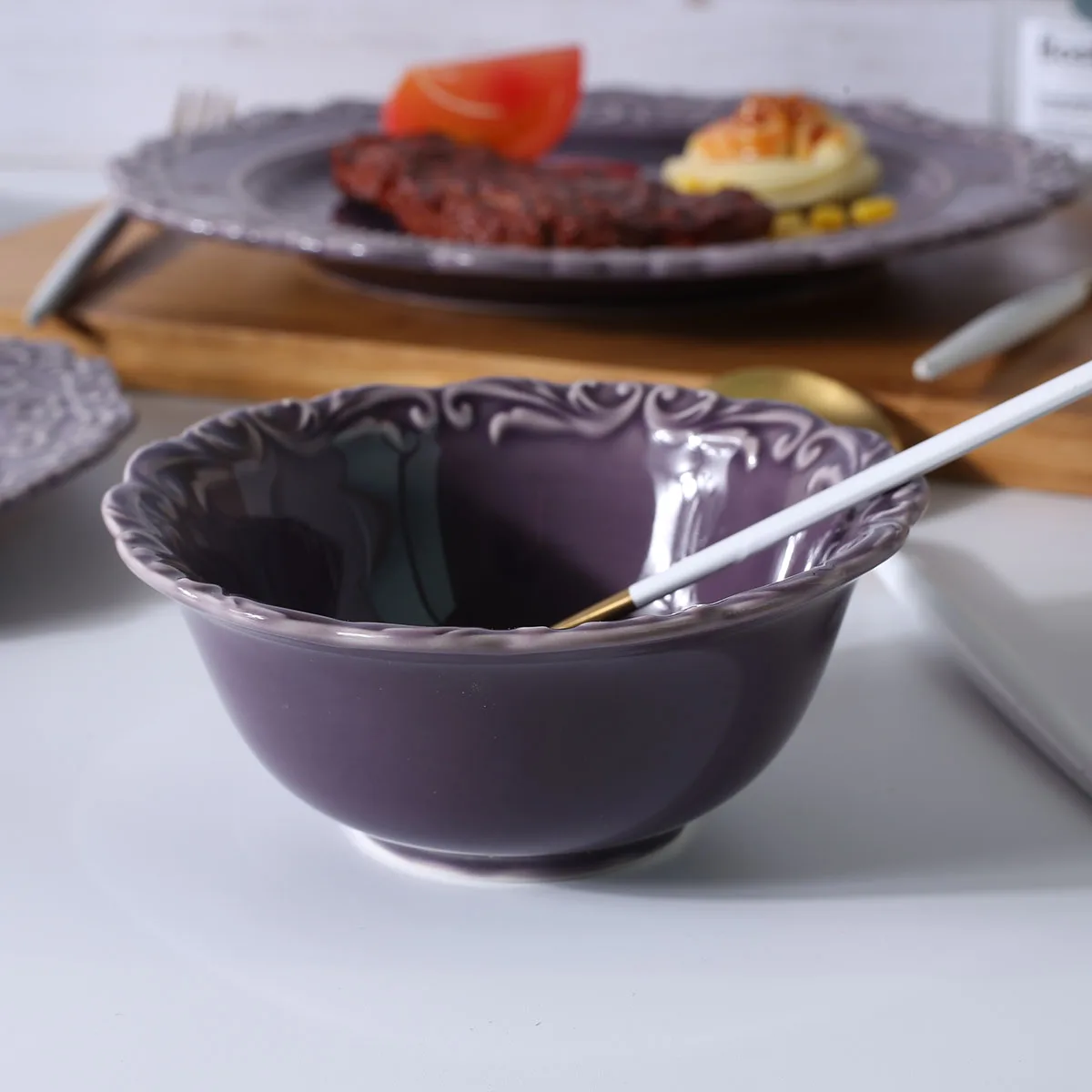 Wholesale Fancy Design Ceramic Bowl Restaurant Royal Luxury Embossed Purple Salad Soup Bowls