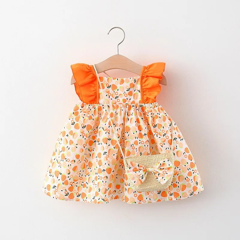 Sleeveless Beach Sweet Frock Cute Strawberry Cheap Flower Smocked Kids Newborn Summer Cotton Baby Girls Casual Dresses with Bag