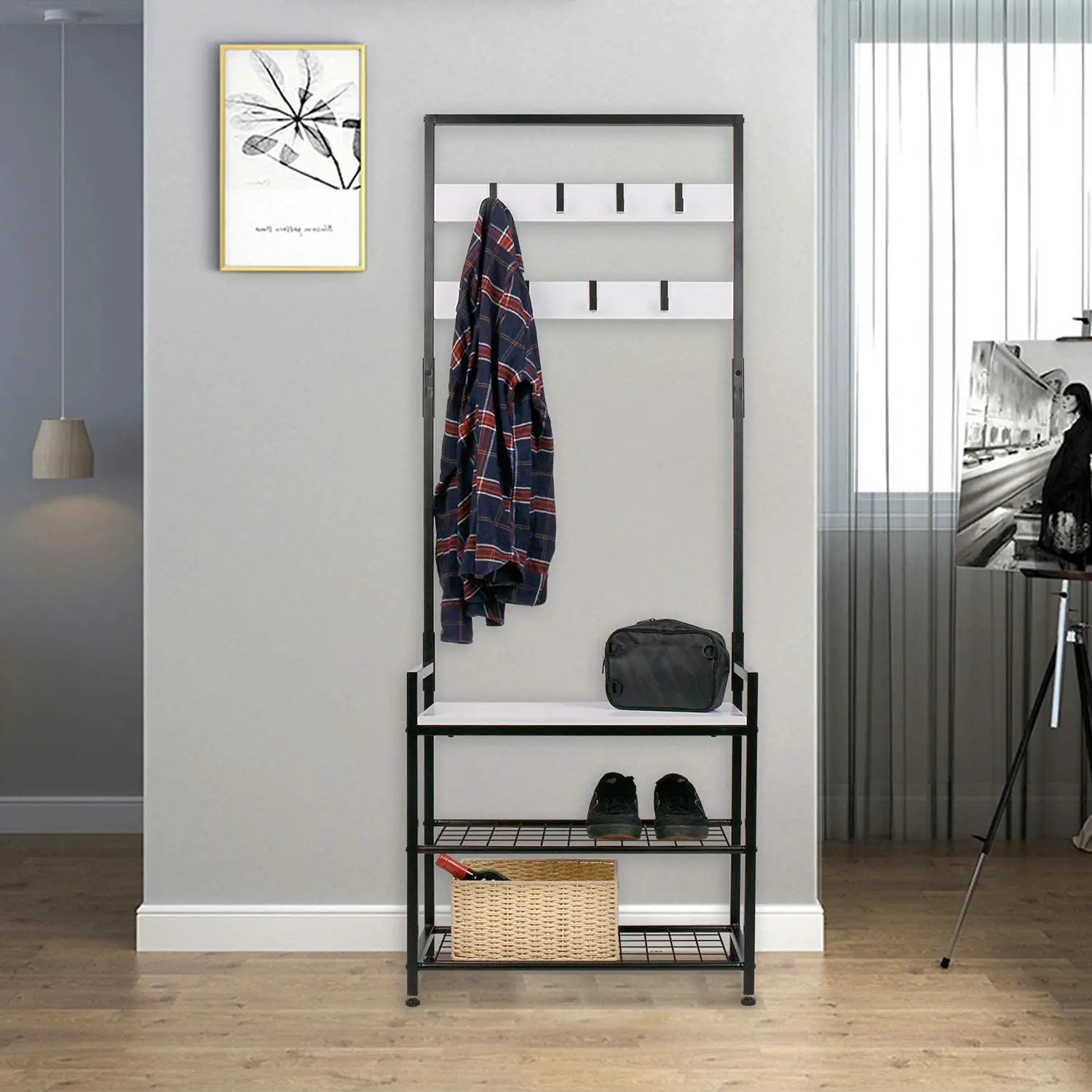 Multi-Functional Coat Rack Hall Tree Modern Entryway Tree Shoe Hat Storage Bench 3-In-1 Coat Rack With Removable Hooks