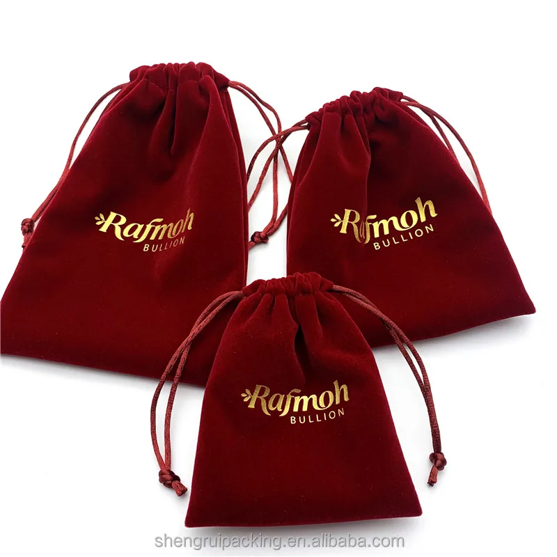 Small Velvet Drawstring Pouch Velvet Bag Gift Recyclable Wedding Red Velvet Pouch With Gold Logo