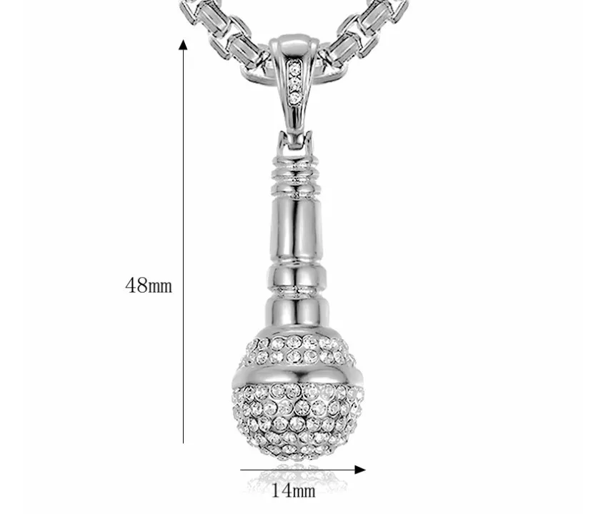 Crystal Diamonds Stainless Steel Microphone Necklace Gold Microphone Pendant Necklace