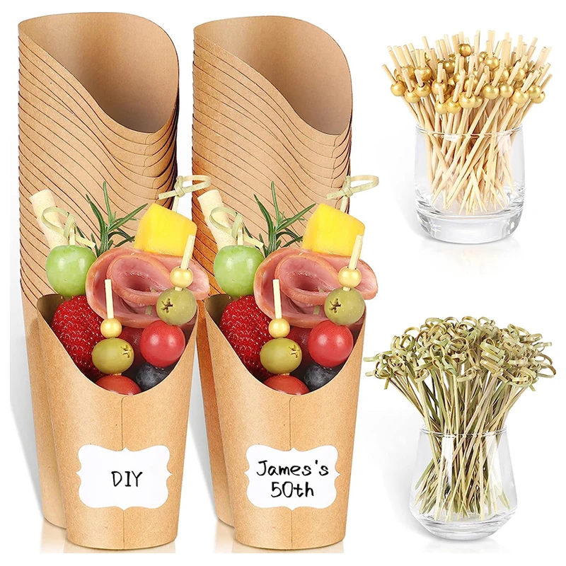12 14 oz Disposable Charcuterie Cups with Cocktail Picks, Disposable Brown Paper Appetizer Cups With Clear Plastic Bags