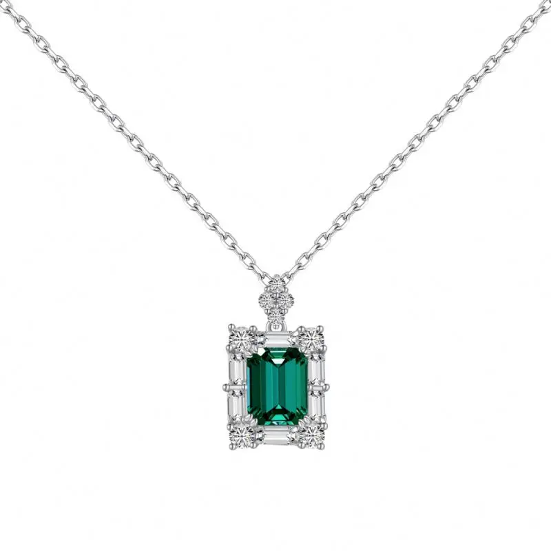 Dylam S925 Sterling Silver Jewelry High Quality Rectangular Emerald Green Stone Cz Zirconia Necklaces Square Pendants For Women