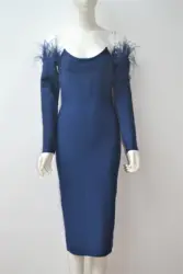 Ladies Party Knitted Dress Blue Feather Long Sleeves Midi Dress Sexy Off shoulder Bandage dress