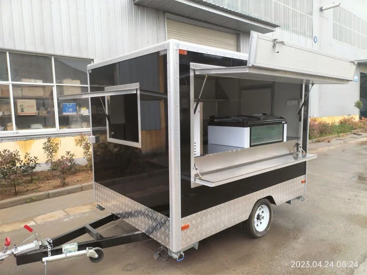 Concession enclosed food trailer dark black color food serving outdoor refrigerator mobile trailer for NZ customer