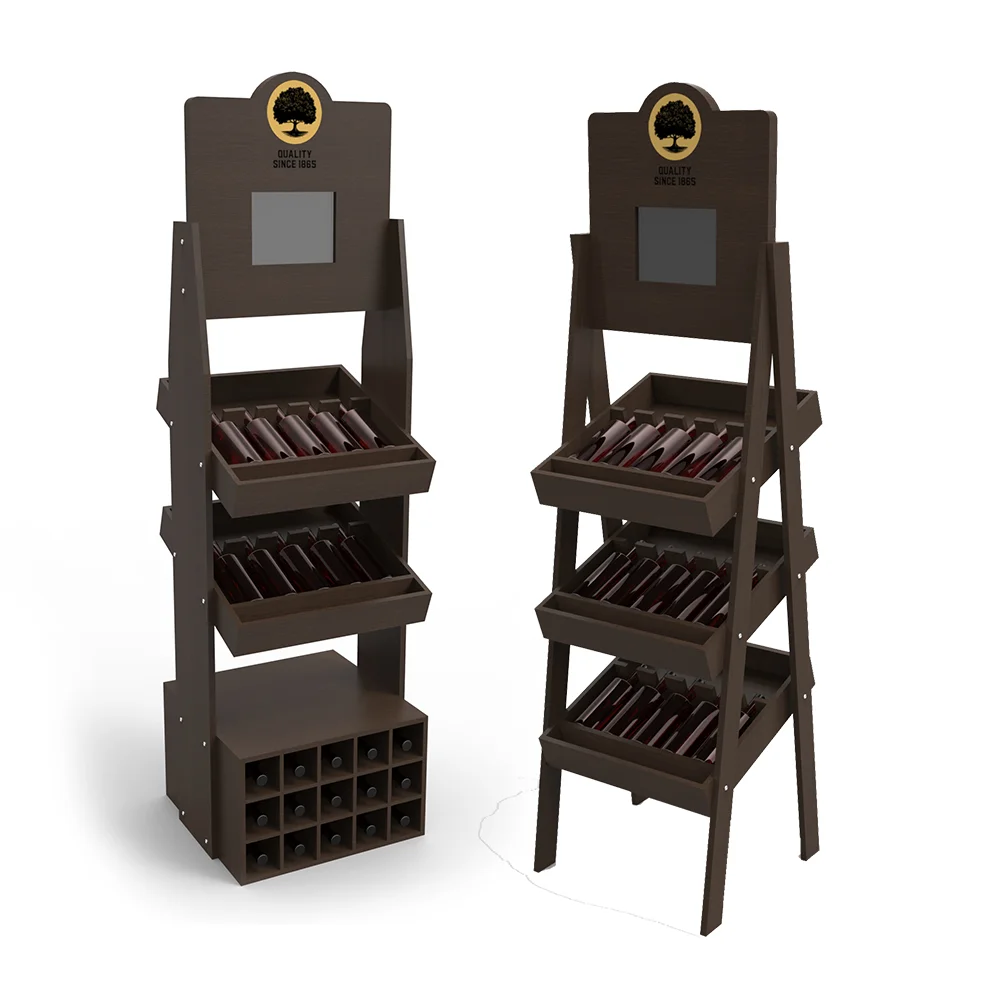 Hot Selling Modern Wooden Wine Display Shelf Floor Stand and Rack Customizable Logos for Store Display Stands