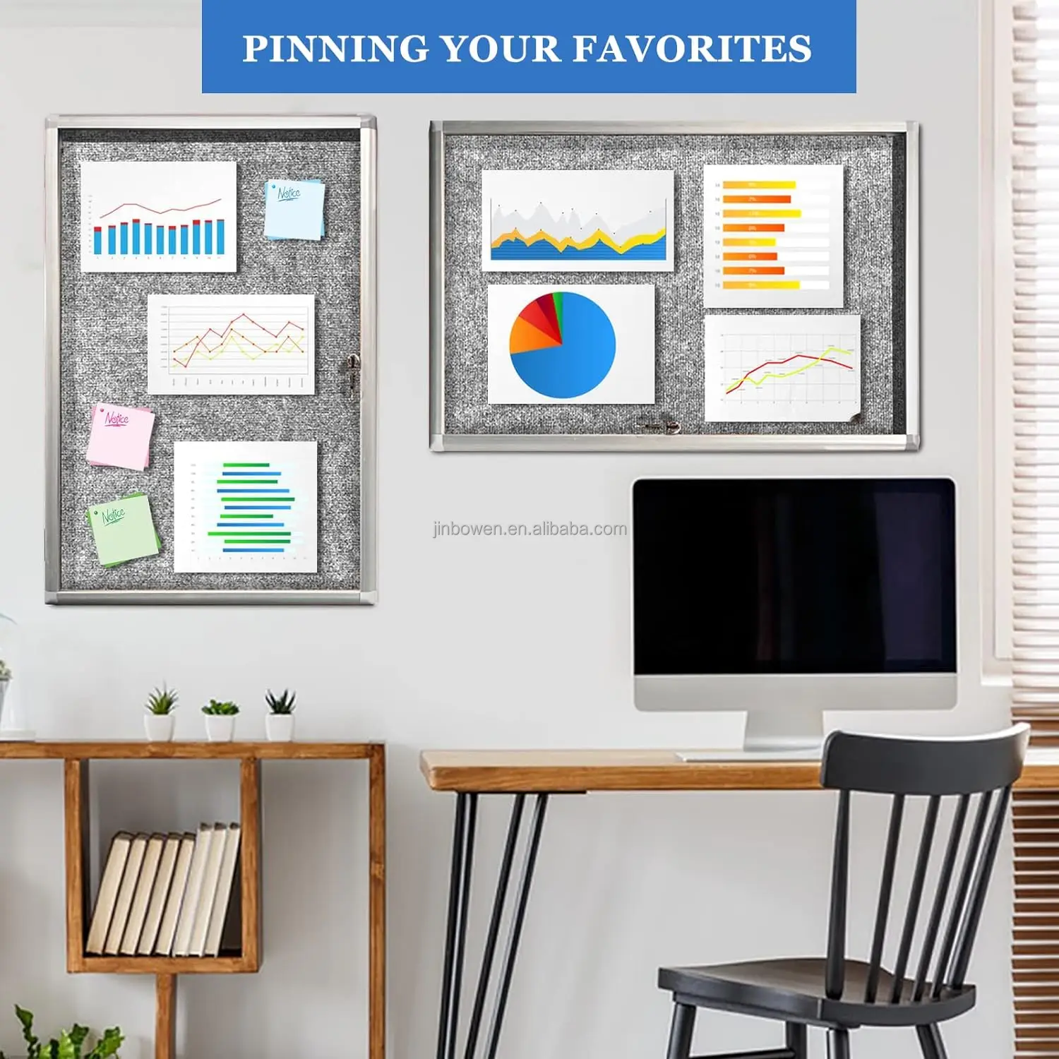 KBW 36x24 inch School Office Hotel Enclosed Bulletin Pin Fabric Boards Tamperproof Notice Case for Message Memo Photo Grey