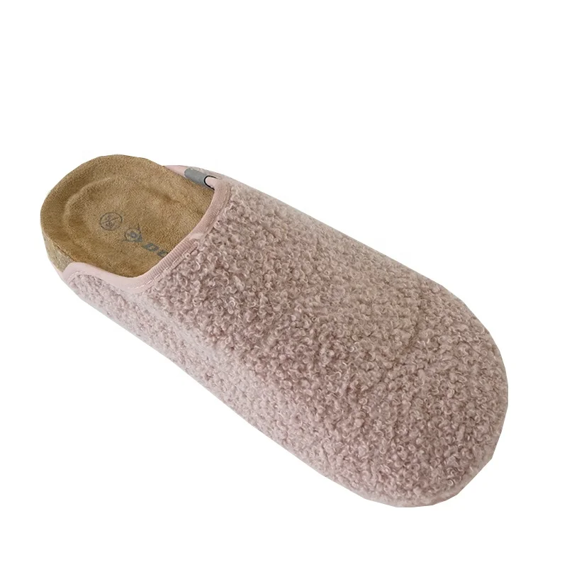Pink color single color simplicity teddy fur upper warm indoor slippers winter footwear women cork tow