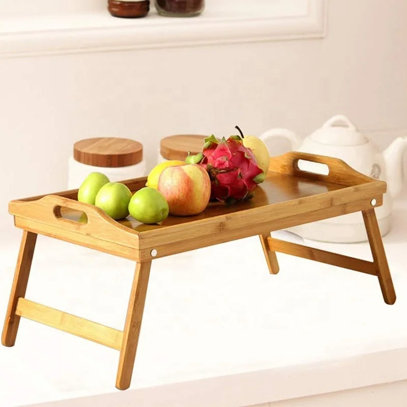 
Natural Bamboo Breakfast Serving Trays with Handle Foldable Bed Table 
