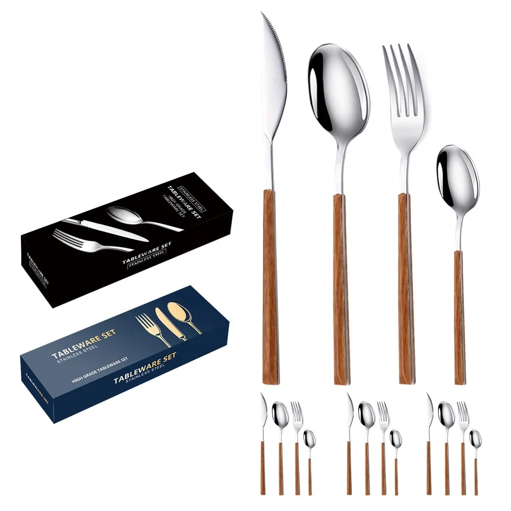 Japanese-style stainless steel tableware with handle of wood grain steak knife, fork and spoon  gift box  16 sets