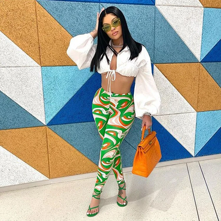 Women Summer Fall Fashion Clothes 2021 Long Sleeve Lantern Sleeve Tie Wrap Cropped Blouse Two Piece High Waist Pants