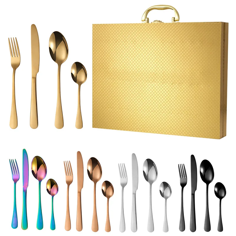 Amazon Hot Golden Flatware Set Stainless Steel , Gold Cutlery Set 24 pcs with Wood Box