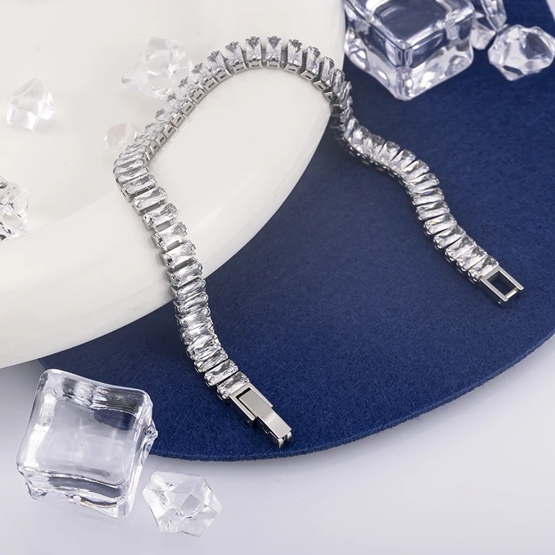 Women Luxury Jewelry Link White Zircon CZ Stone Iced Out Baguette Lab Grown Diamond Tennis Chain Bracelets For Women