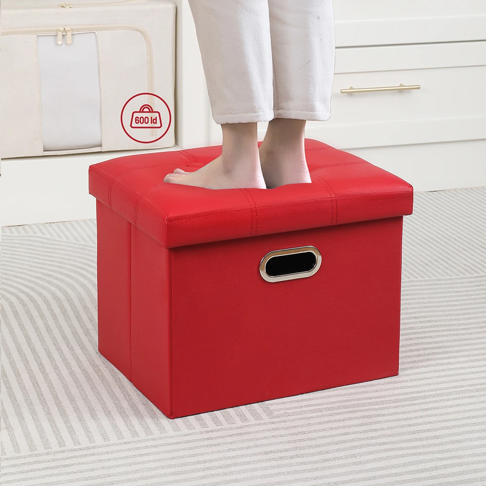 portable leather cube ottoman with metal handles bedroom small folding storage stool foot stool