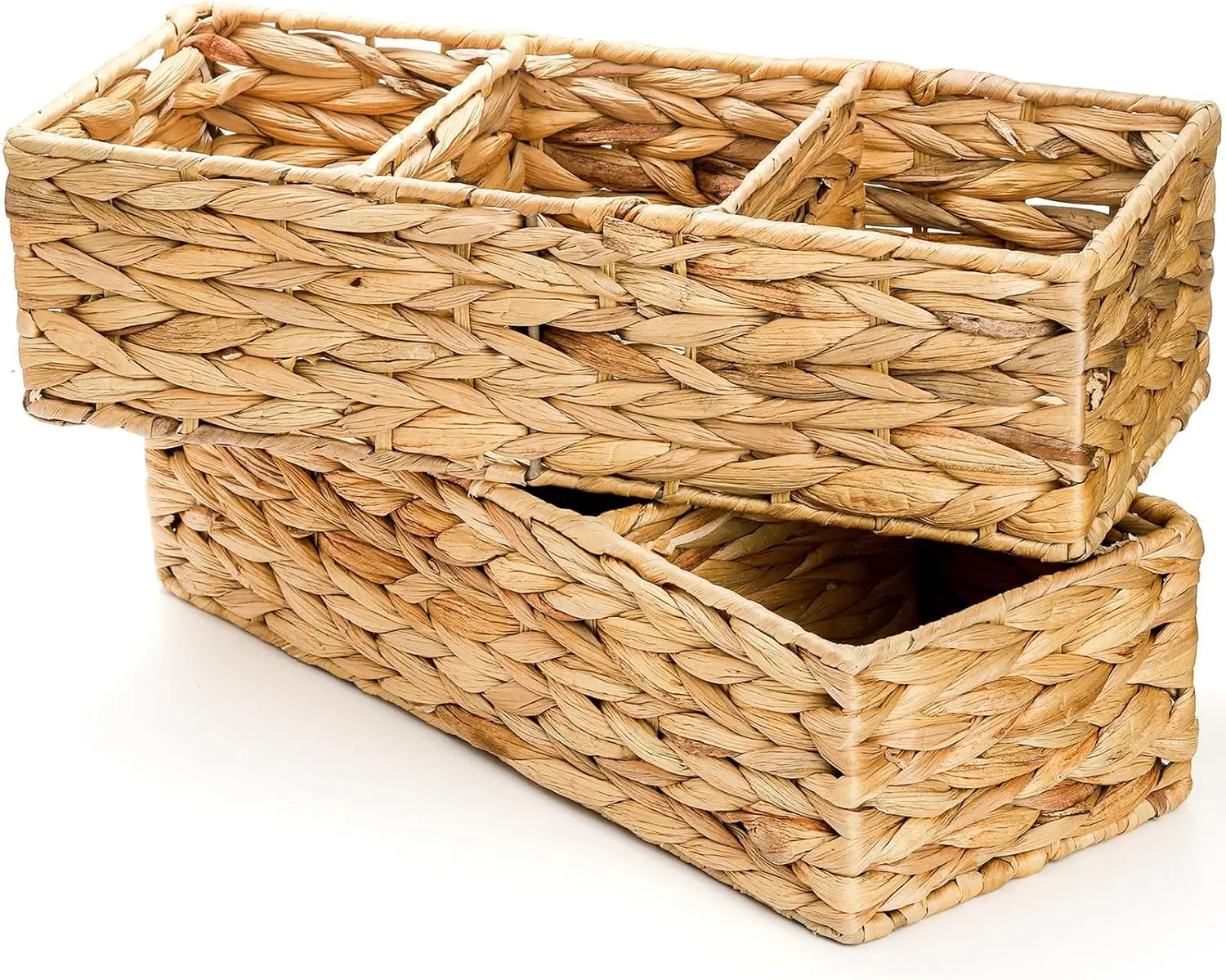 Factory Supply Water Hyacinth Handwoven Desk Storage Organizer Bin Eco-Friendly  Rectangle  2 Pack 3-Section Wicker Baskets