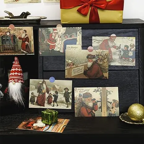 Christmas Greeting Cards Santa and Christmas Reprint Antique Postcard Retro Blank Christmas Greetings for Friends Greeting