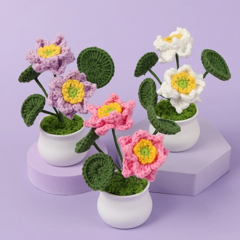 H165 Ink Chinese Style Lotus Simulation Flowers Potted Plants Wool Crochet Pure And Noble Desktop Small Ornaments Decorations