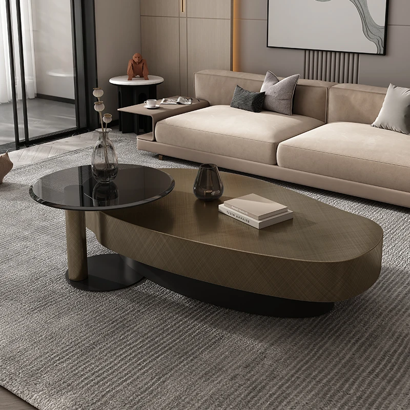 Hotsale Mango Shape Grey Oval Coffee Table Set With Black Side Table Modern Luxury Metal Center Tables With Drawer TV-007