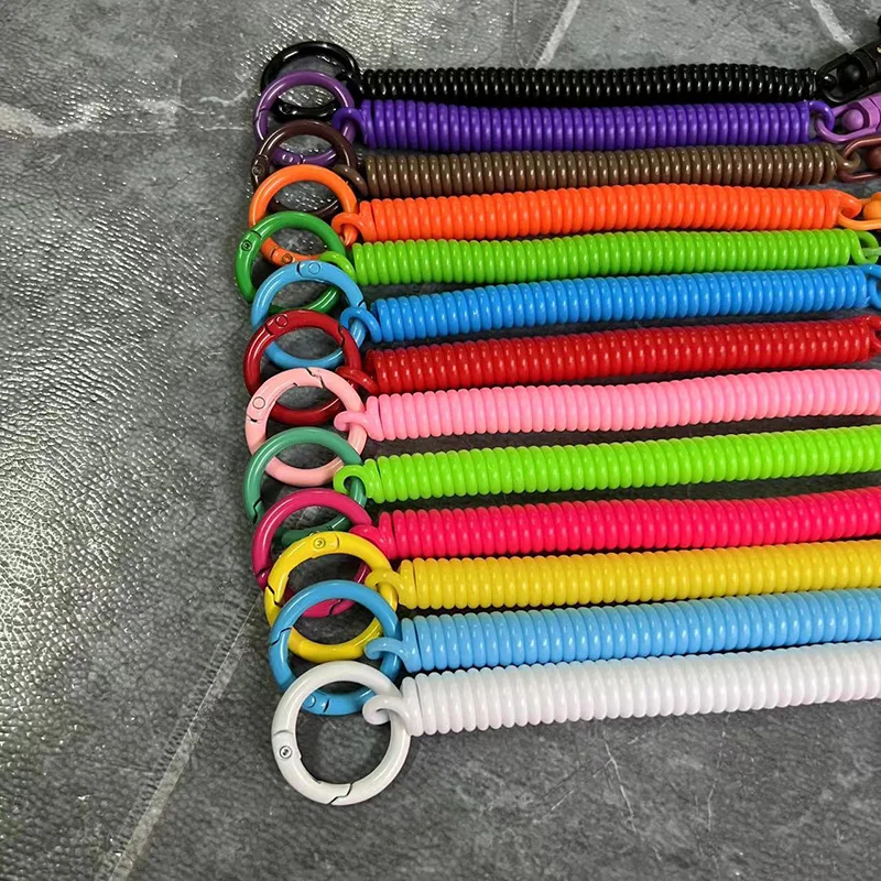 wholesale spiral retractable spring coil keychain stretch cord safety elastic rope key ring with lobster clap