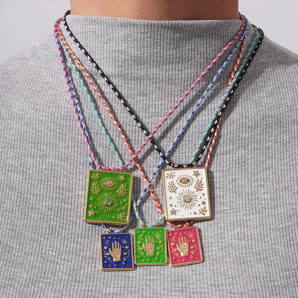 Stainless Steel Colorful Enamel Hand Sun Pendant Necklace Rope Chain 18K Gold Plated Oil Dripping Tarot Pendant Necklace
