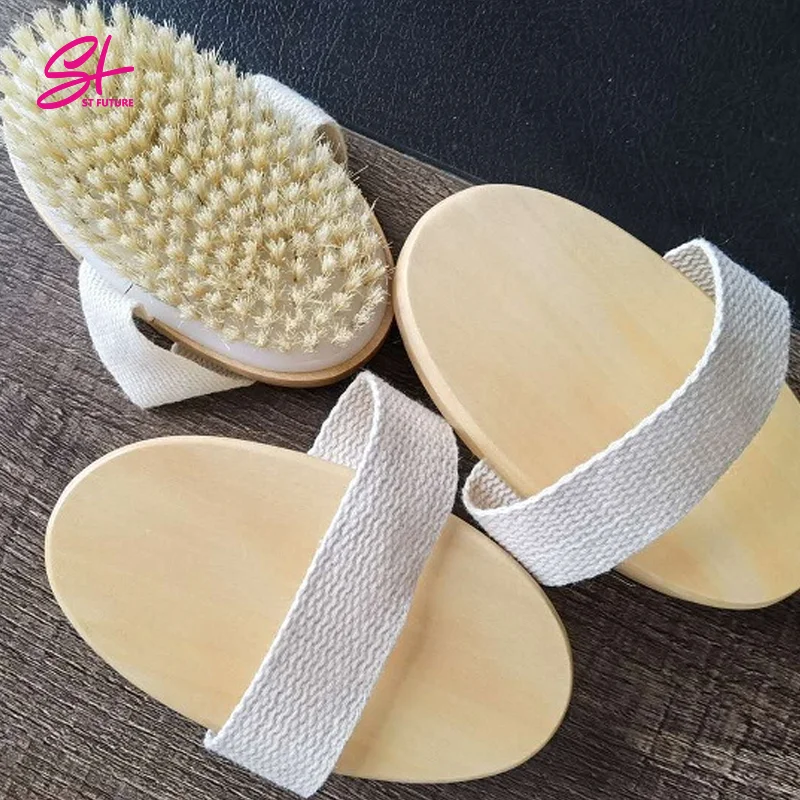 Wholesale Custom Logo Wood Handle Natural Boar Bristle Dry Skin Body Bath Brush With Hand Band