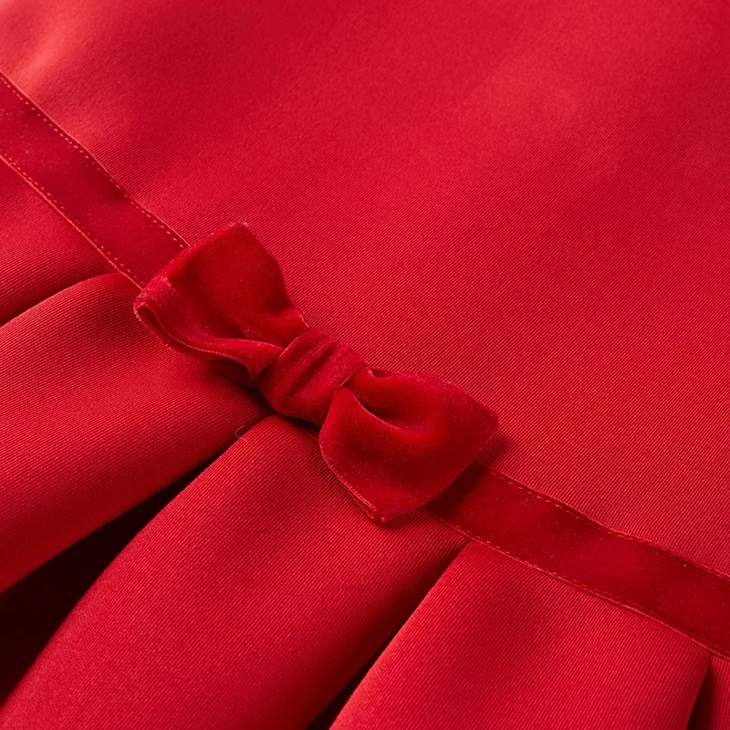 
2021 elegant red sleeveless thick new year bow girls dress for autumn, winter 