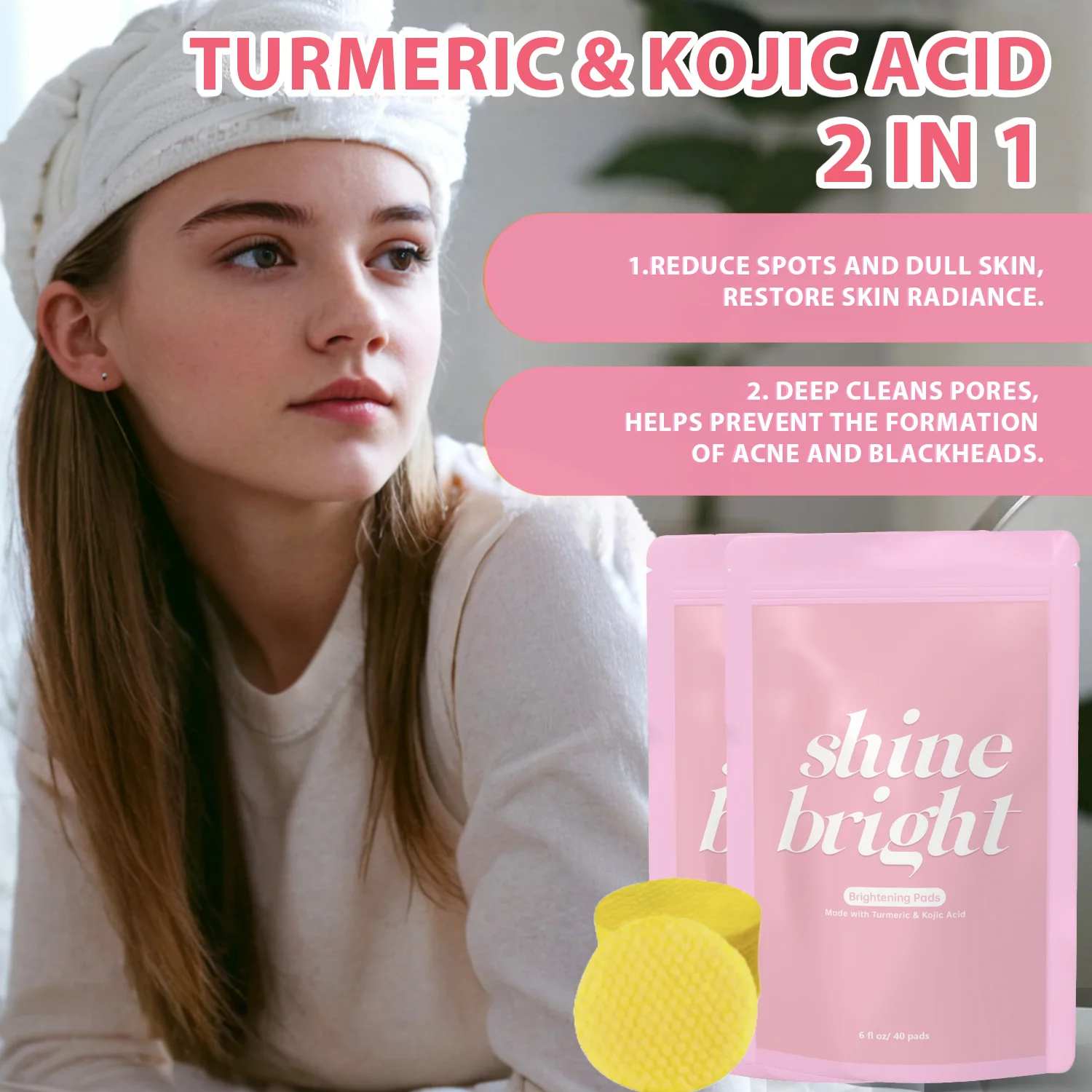 Customized Private Label Facial Care Natural Skin Brightening Kojic Acid Turmeric Cleansing Pads For 40 Pads