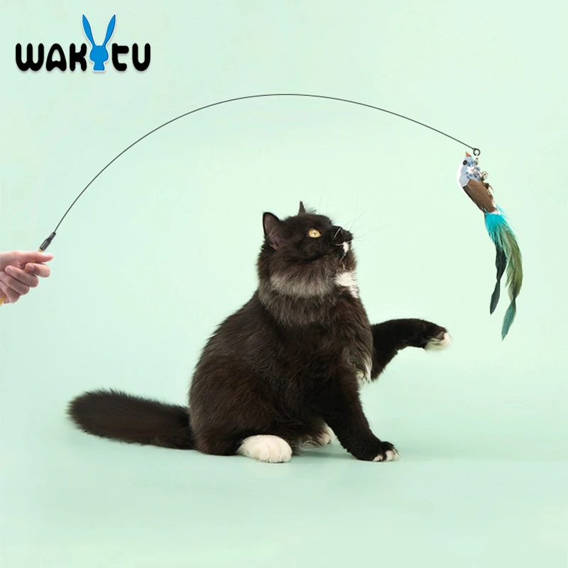 WAKYTU C179W Wholesales Custom Indoor Steel Wire Cat Feather Oriole Bluebird Toys Bell Bird Interactive Cats Teaser Wand Toy