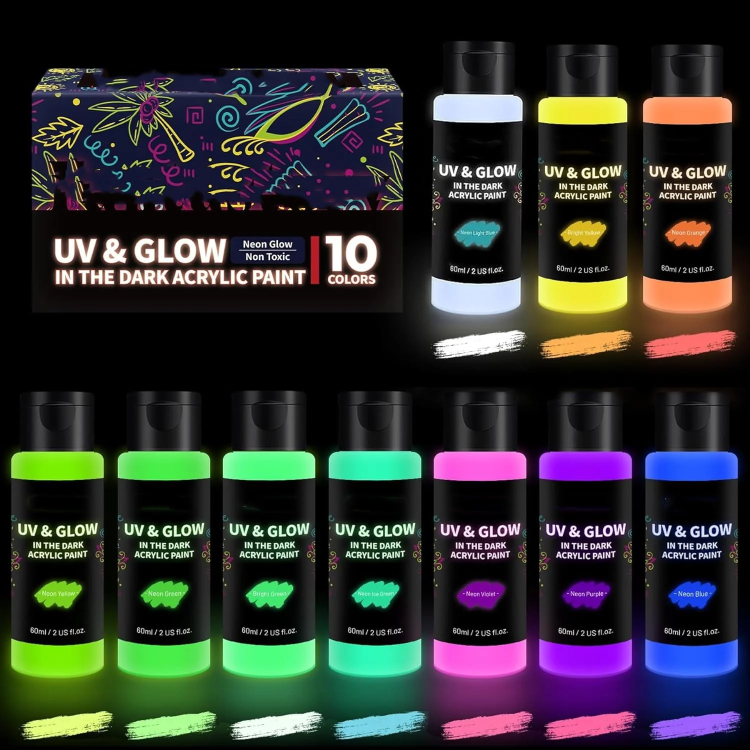 Glow in The Dark 60ml /2oz Charge-Glow UV Activated For Outdoor DIY Craft Holiday Decor Christmas Kids Neo Acrylic Paints Set