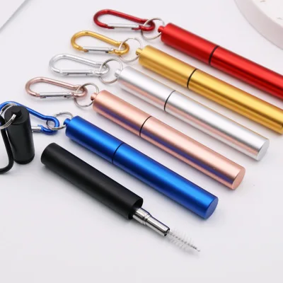 2020 new arrivals Eco Friendly Collapsible Reusable Metal Travel Straw Set OEM with Case Keychain Cleaning Brush